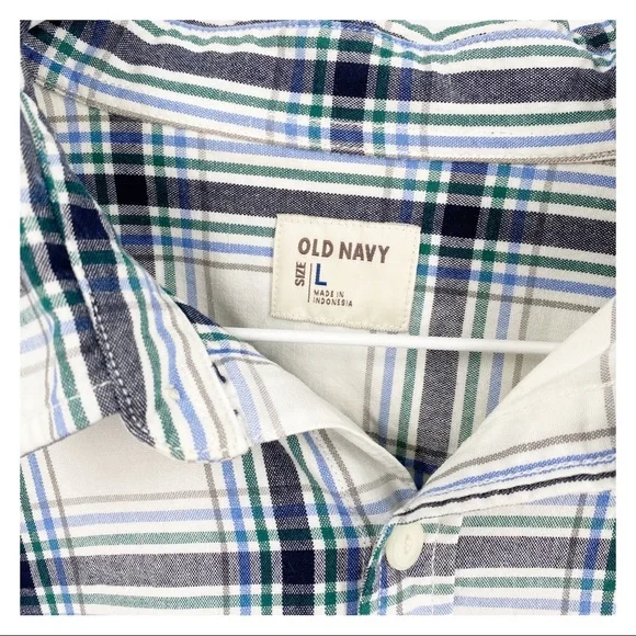 Old Navy White Blue Green Plaid Cotton Button Up Collared Shirt Size Large - Picture 4 of 7